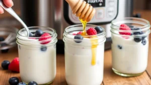 Homemade yogurt in glass jars with berries