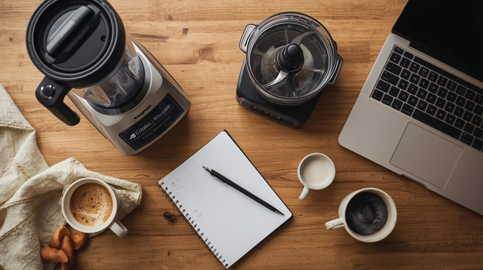Kitchen appliance shopping concept with blender, food processor, checklist notebook, laptop and coffee on table