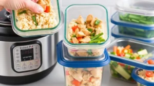 Meal prep containers filled with cooked food in a pressure cooker-one of the instant pot hacks