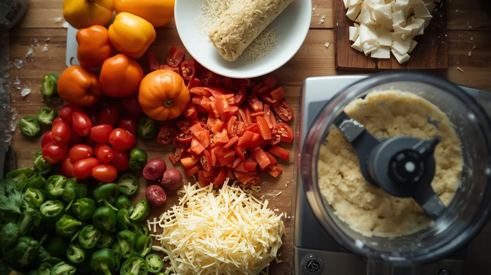 Meal prep scene with sliced vegetables, shredded cheese and dough in food processor