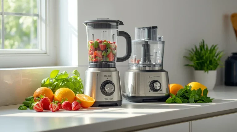 Modern bright kitchen countertop with a sleek blender and a food processor side by side,