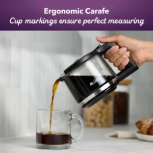 Mr. Coffee 5-Cup Mini Brew Review: Glass carafe showing 5-cup capacity markings