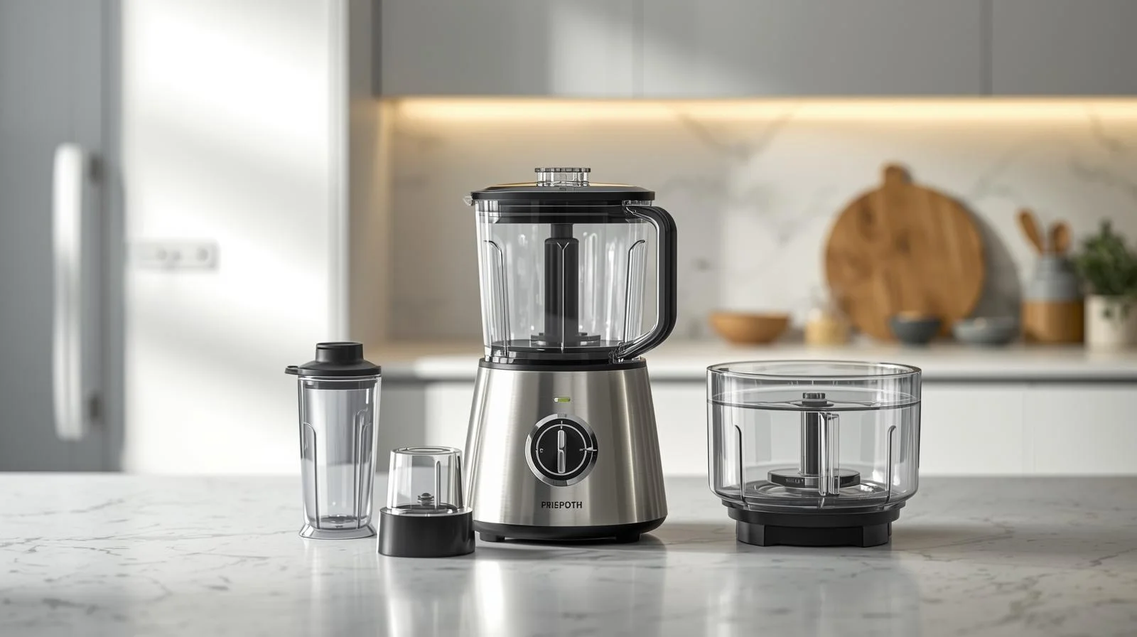 Multi-function kitchen appliance with blender jar and food processor bowl attachments displayed neatly on countertop