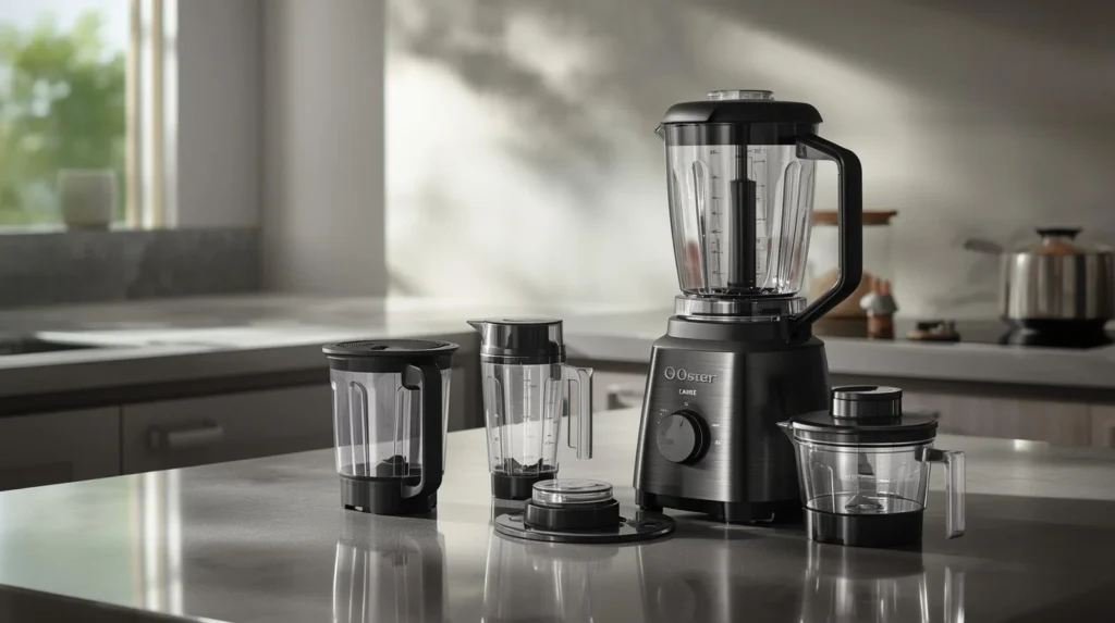 Oster Blender and Food Processor pouring creamy fruit-smoothie into a glass