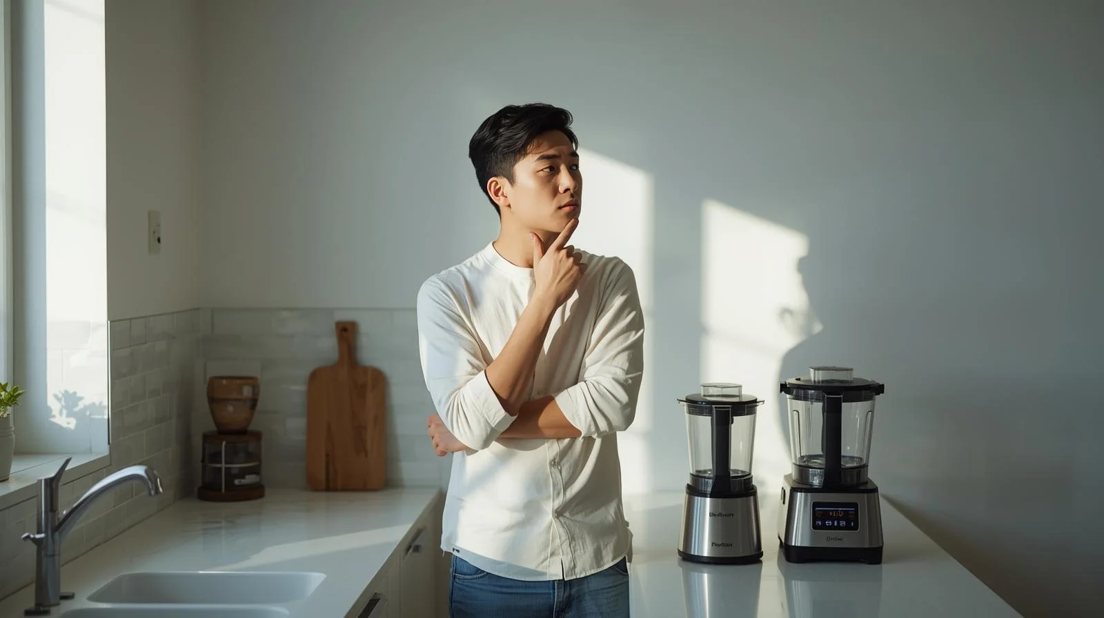 Person in modern kitchen comparing blender and food processor on countertop