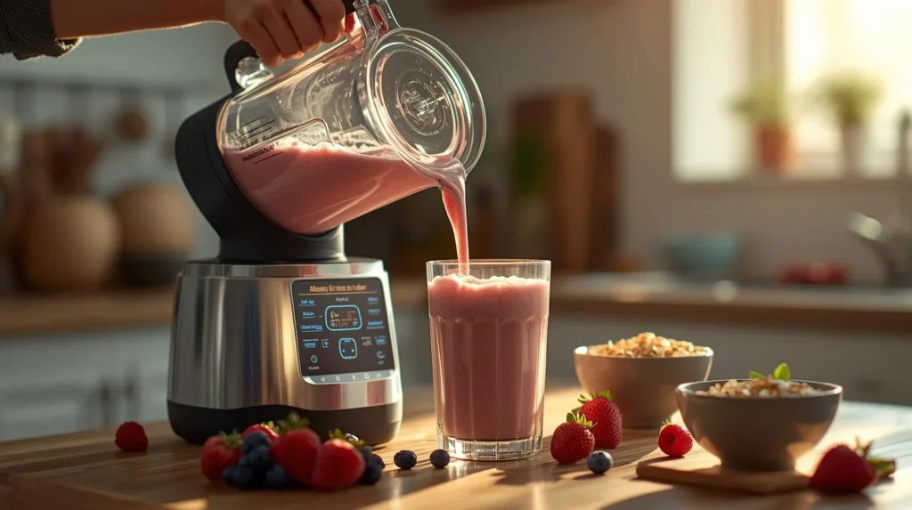 Vitamix 5200 Review: Premium blender pouring creamy fruit smoothie into glass,