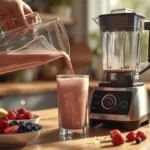 Oster Blender and Food Processor pouring creamy fruit-smoothie into a glass