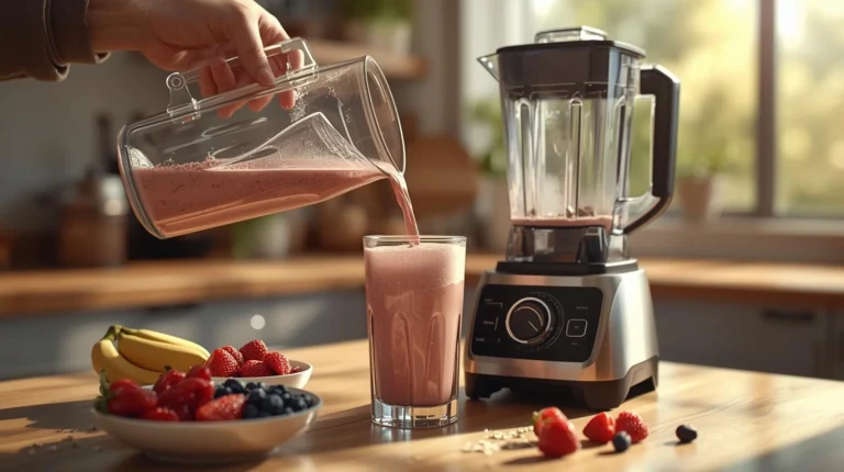 Oster Blender and Food Processor pouring creamy fruit-smoothie into a glass