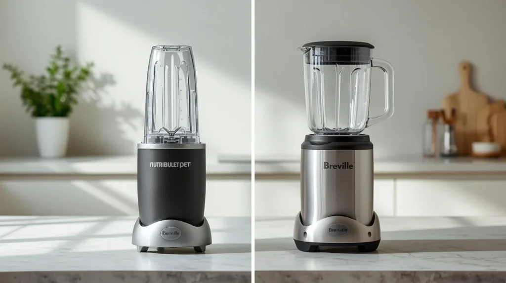 A NutriBullet Pro Blender and a Breville BBL620SIL Fresh and Furious Blender - side-by-side on a kitchen counter