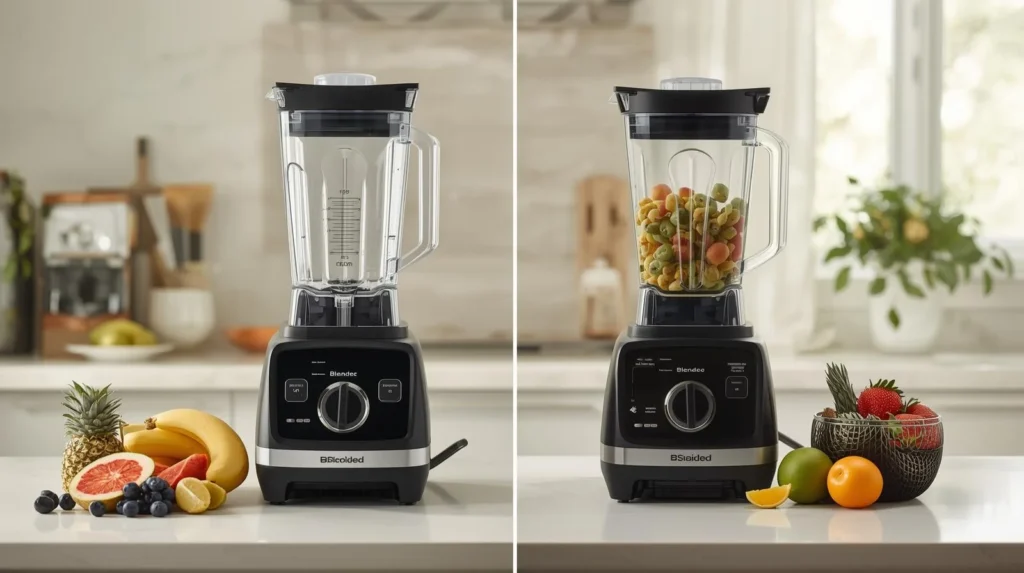 An mage showing Blendtec Classic 575 Blender and PSIIDAN 68Oz. Countertop Blender for comparison study