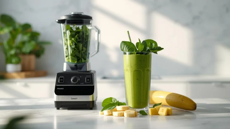 Vitamix-style blender making a bright green smoothie,