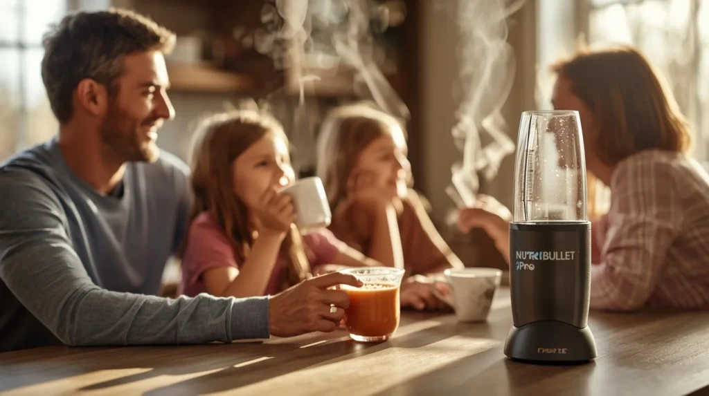 A family enjoying smoothie together at a kitchen table