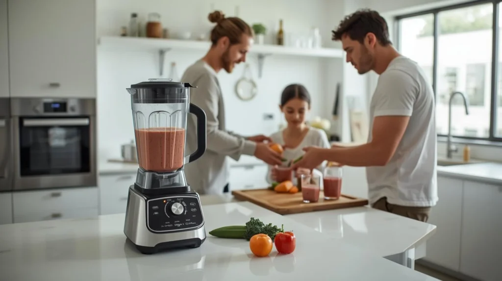 A family making a smoothie in  Hamilton Beach Power Elite Blender