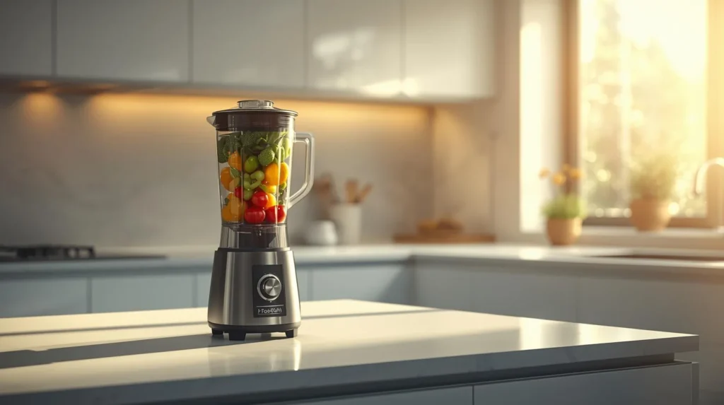 a  modern blender on a white kitchen counter, overloaded  with ingredients