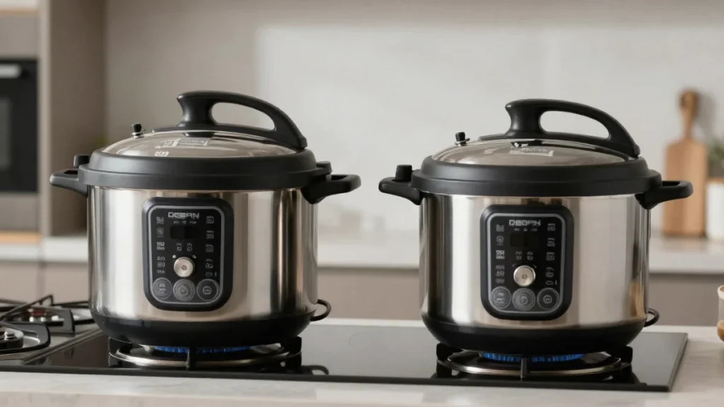Best Pressure Cookers in 2026 (Tested & Ranked for Every Budget) 3 An image of a electric vs stovetop pressure cooker side by side,Best Pressure Cookers in 2026