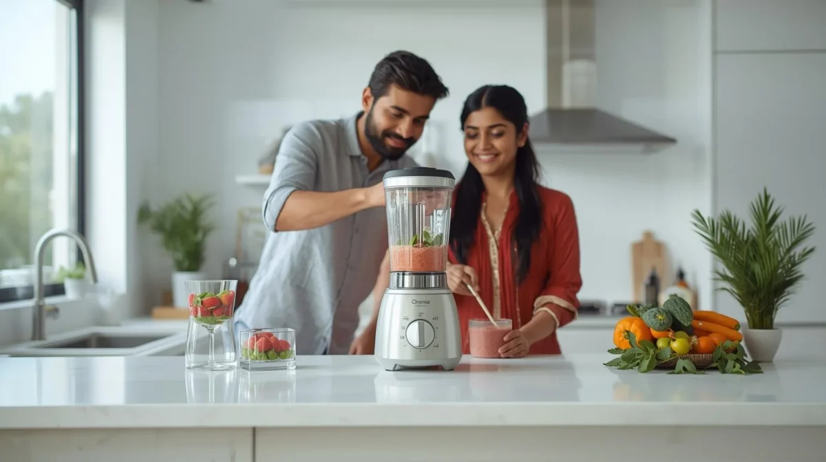 A family mking asmoothie in a blender