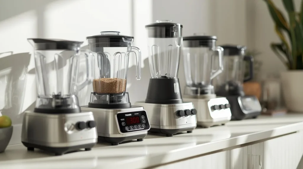 A collection of modern blenders on kitchen counter