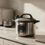 A pressure cooker on a modern kitchen countertop