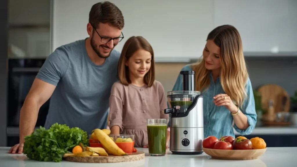 A family enjoys making a healthy juice using their EanOruus Cold Press Juicer