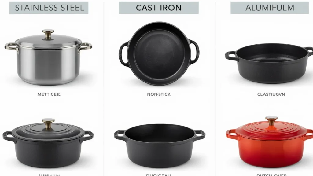 Cookware Buying Guide (2026): How to Choose the Right Pots & Pans for Your Kitchen 3 visual comparison of cookware materials: stainless steel, cast iron, non-stick, aluminum, Dutch oven