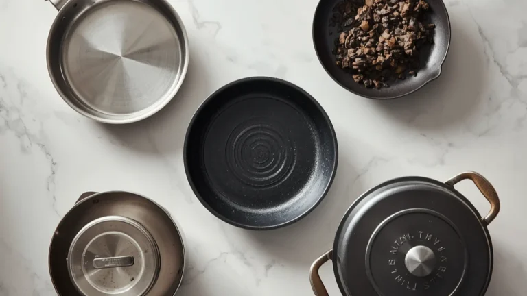 Different types of cookware including stainless steel, cast iron and non-stick pans