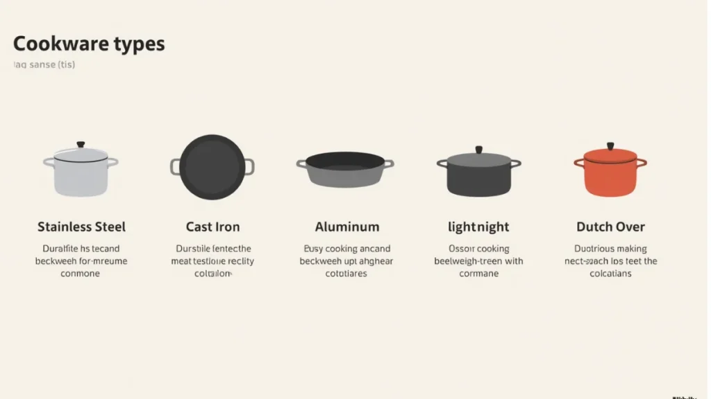 Cookware Buying Guide (2026): How to Choose the Right Pots & Pans for Your Kitchen 2 infographic showing 5 cookware types with icons: stainless steel, cast iron, non-stick, aluminum, Dutch oven.