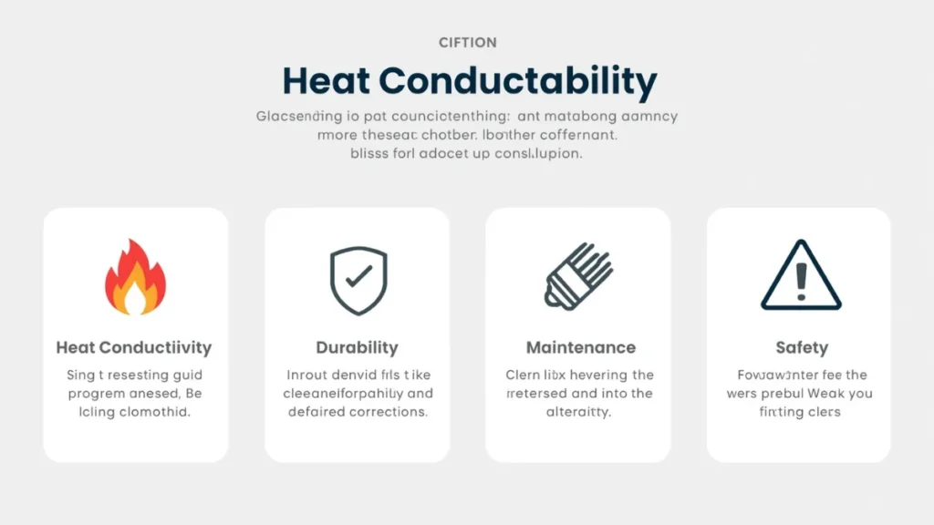 Cookware Buying Guide (2026): How to Choose the Right Pots & Pans for Your Kitchen 4 Simple infographic with 4 sections: Heat Conductivity, Durability, Maintenance, Safety
