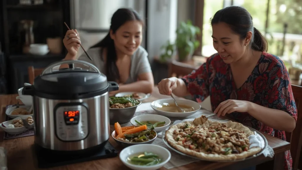 A family enjoying food prepared in theire pressure cooker. Pressure Cooker Buying Guide
