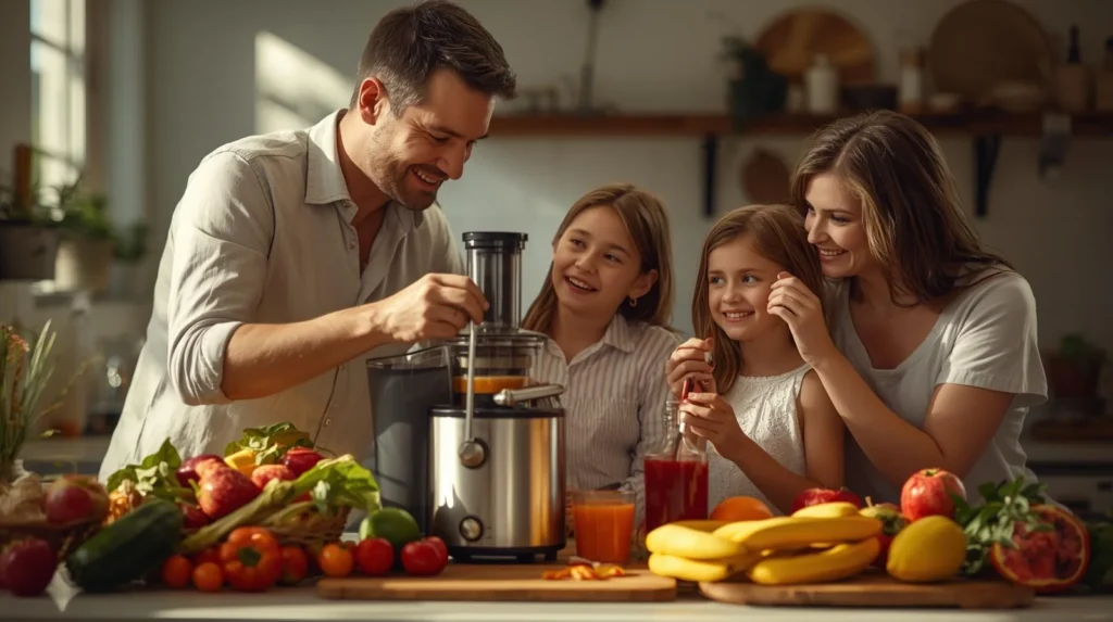 A family is enjoying nakeing juice