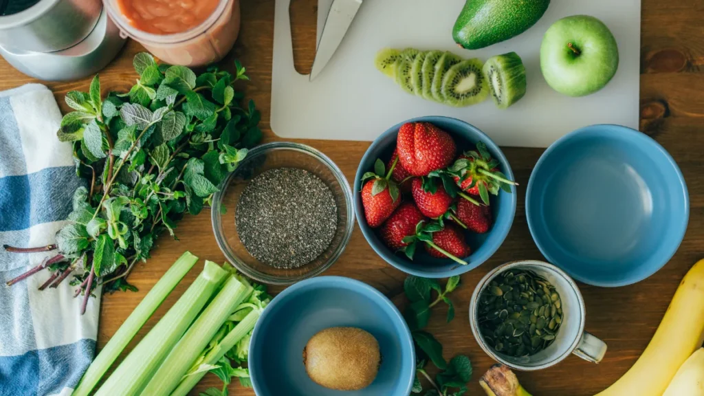 Preparing Healthy Smoothie with Fresh Fruits, Nuts, Seeds, and a Blender on a Rustic Wooden Kitchen Counter