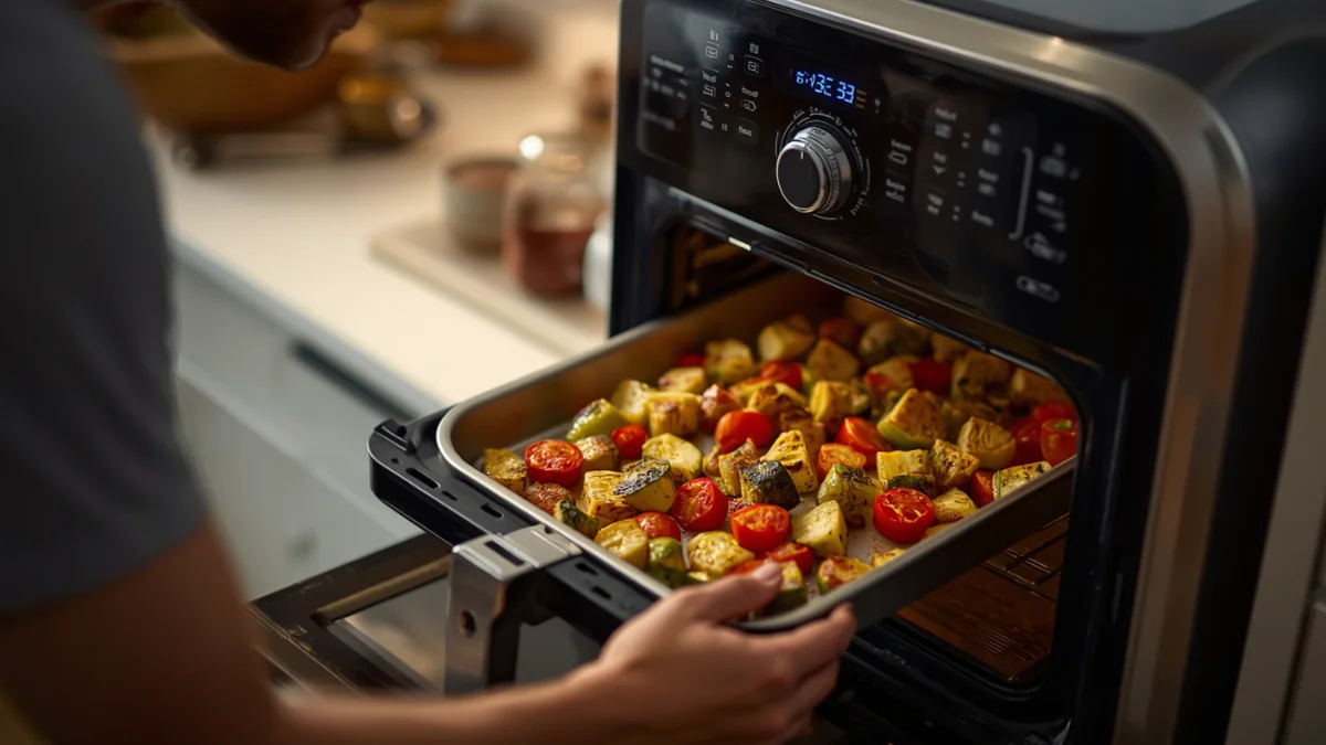 A person using an oven-style air fryer 