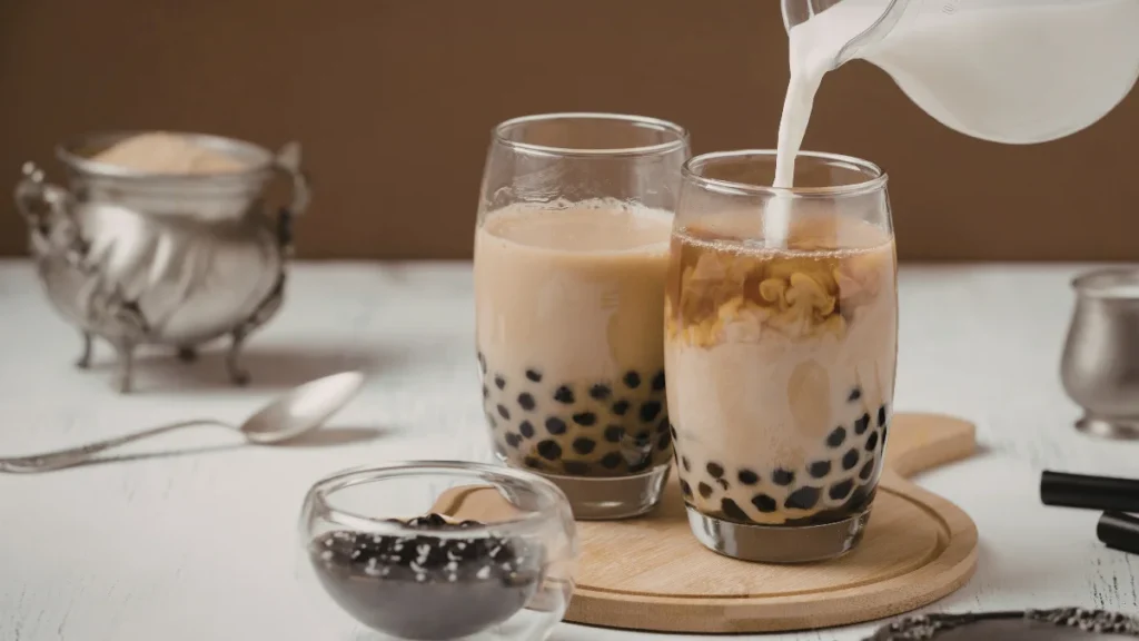 Pouring milk into blender with berries and fruits. Fresh berry smoothie preparation