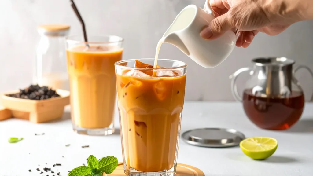 Two glasses of smoothie side-by-side on a counter