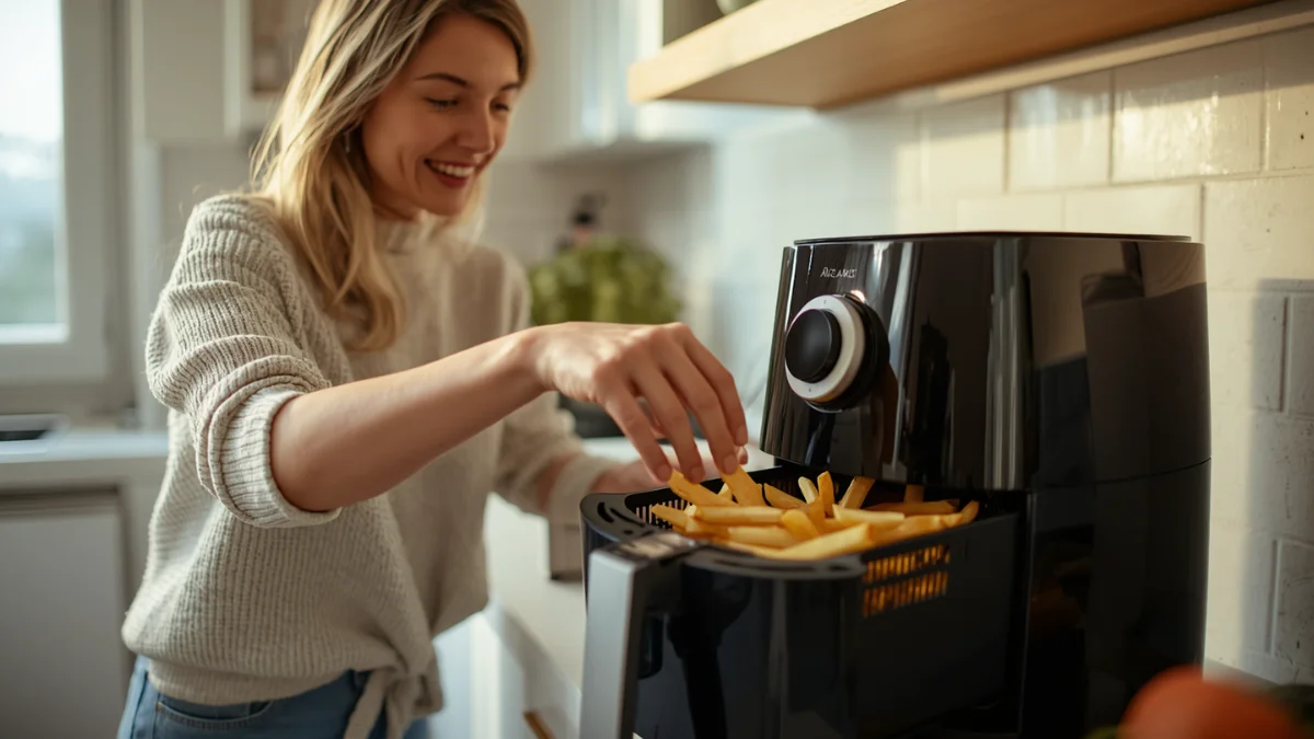 Someone using basket air fryer  for cooking French Fry