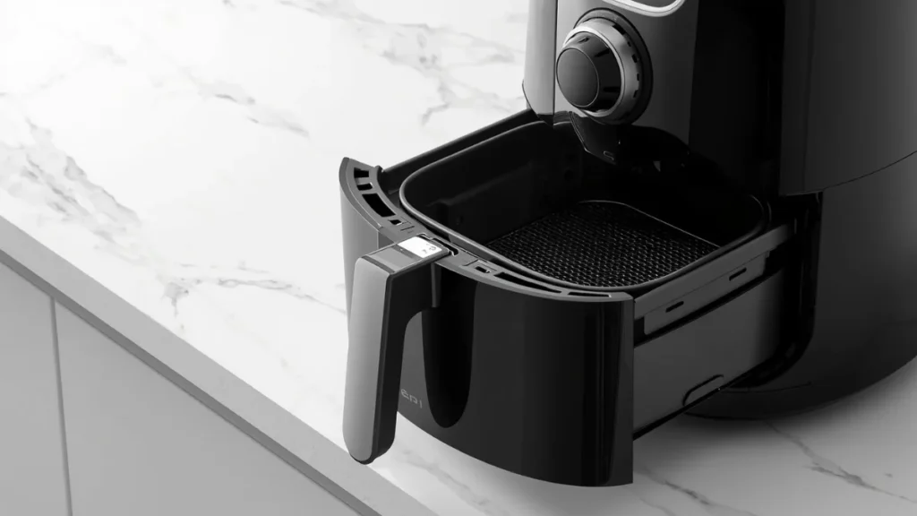 A black basket air fryer with its drawer open