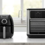 A basket and oven style side-by-side on a kitchen counter