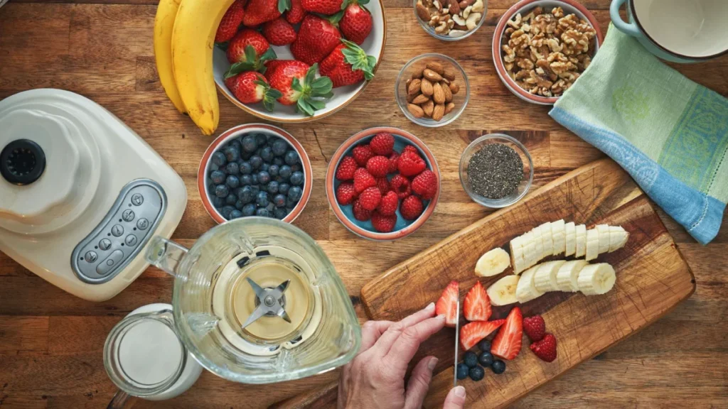 Smoothie Tips and Ingredients: The Ultimate Guide to Perfect Blends Every Time 3 Preparing Healthy Smoothie with Fresh Fruits, Nuts, Seeds, and a Blender on a Rustic Wooden Kitchen Counter