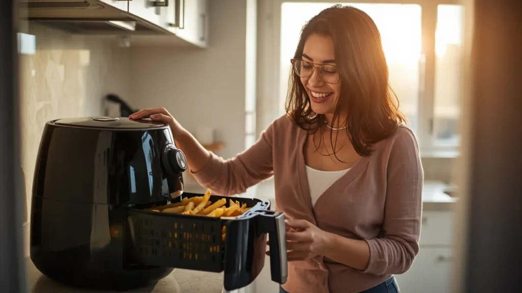 A smiling homeworkerusing a modern airfryer