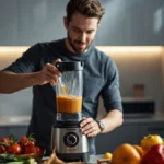 A person using a personal blender for making a hot soup