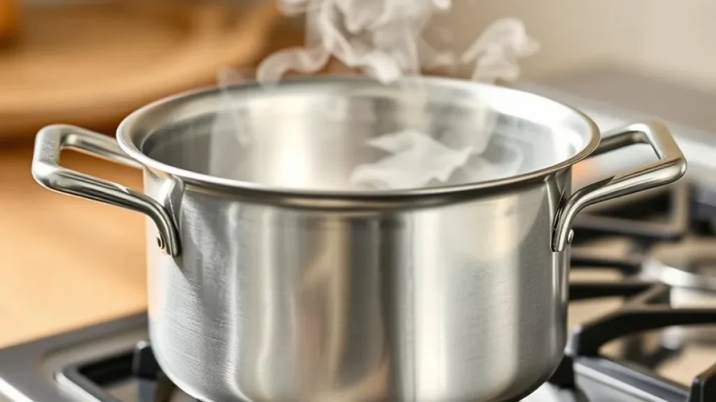 A stainless steel cookware on the stove performing