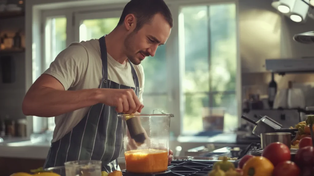 A person using a personal blender for making soup
