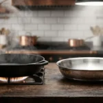 Cast Iron vs. Stainless Steel: The Ultimate 2026 Kitchen Showdown 2 A Cast Ironpan and a Stainless Steel pan side-by-side on a cook top in a rustic atmosphere