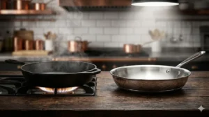 Cast Iron vs. Stainless Steel: The Ultimate 2026 Kitchen Showdown 25 A Cast Ironpan and a Stainless Steel pan side-by-side on a cook top in a rustic atmosphere