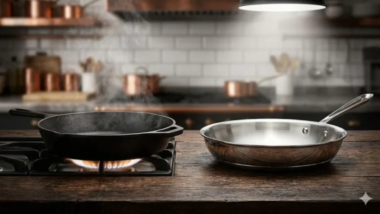 A Cast Ironpan and a Stainless Steel pan side-by-side on a cook top in a rustic atmosphere