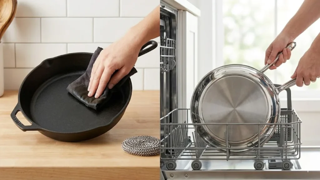 Image showing how both the cast iron pan being washed manually while the steel pan inside the dishwasher