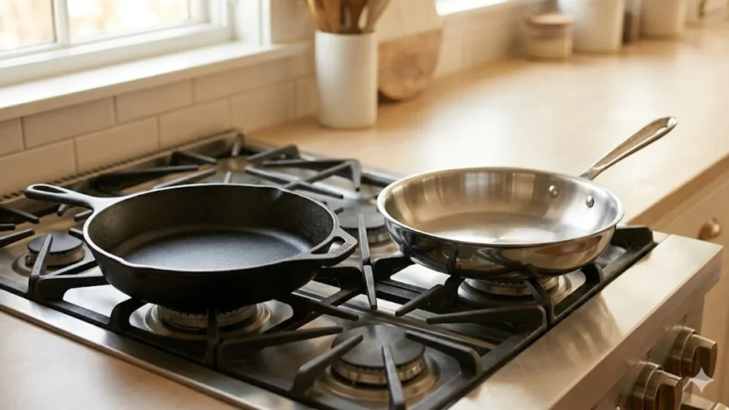 Both cast-iron pan and stainless steel pan resting on sigle stove  as if complemetary to each other.