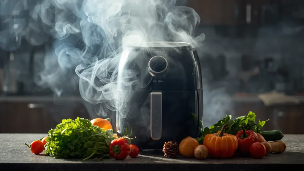  Why Is My Air Fryer Smoking: An air fryer with smokes around , on kitchen counter: 