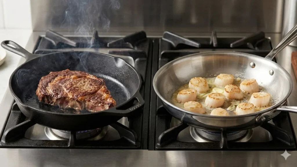 An image highlighting the performance of a Cast Iron cookware and a Stainless Steel cookware side-by-side on a single range 