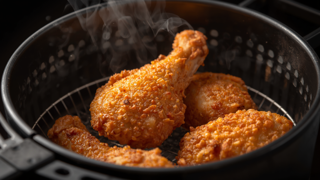 Golden crispy air fryer chicken breast and wings in open air fryer basket showing perfect air fryer chicken cooking times