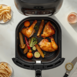 Air fryer basket with golden chicken vegetables and fries showing air fryer cooking times by food type guide